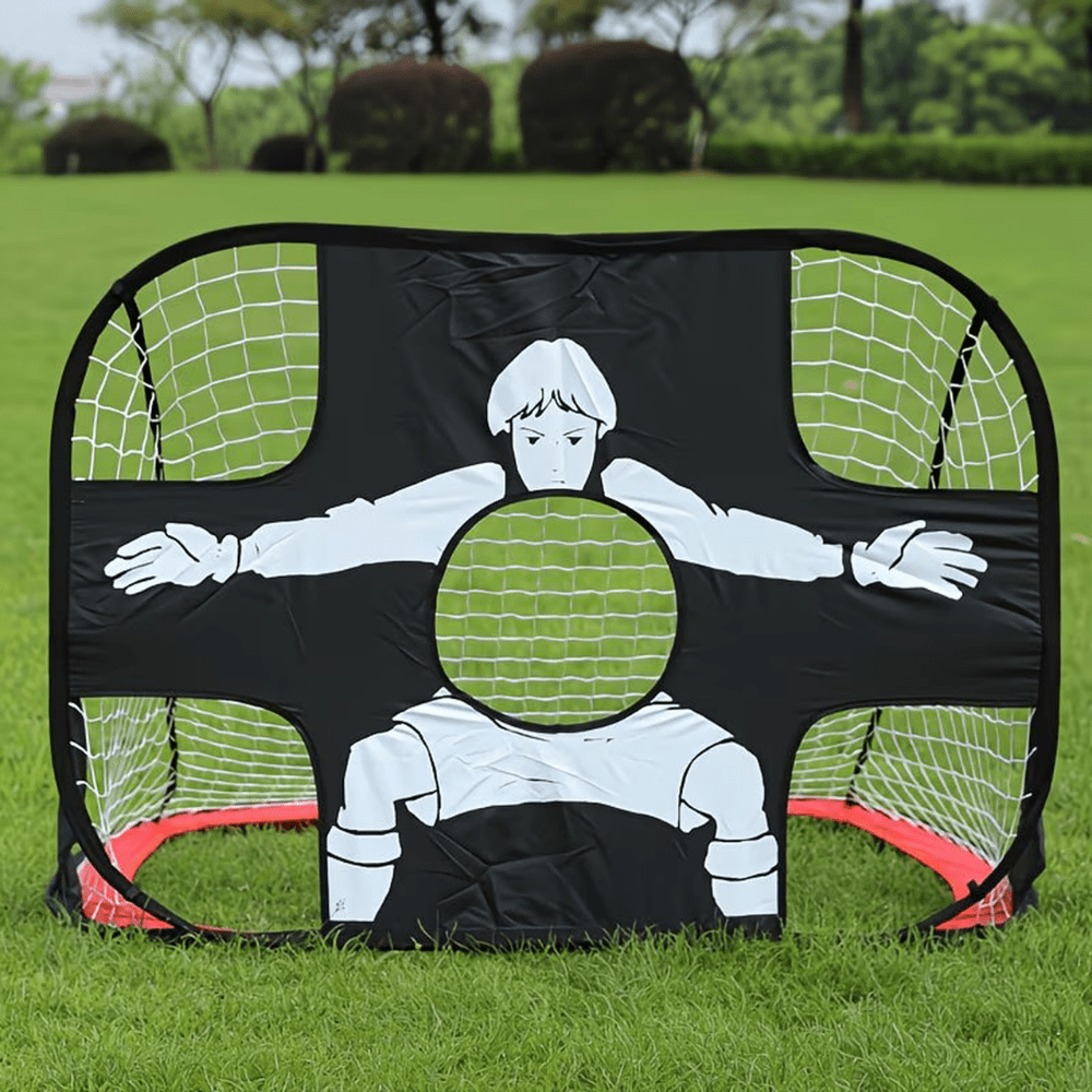 Portable soccer goal featuring a target cloth for outdoor training, designed with a folding mechanism, made of durable Oxford fabric, and measuring 120 x 80 0